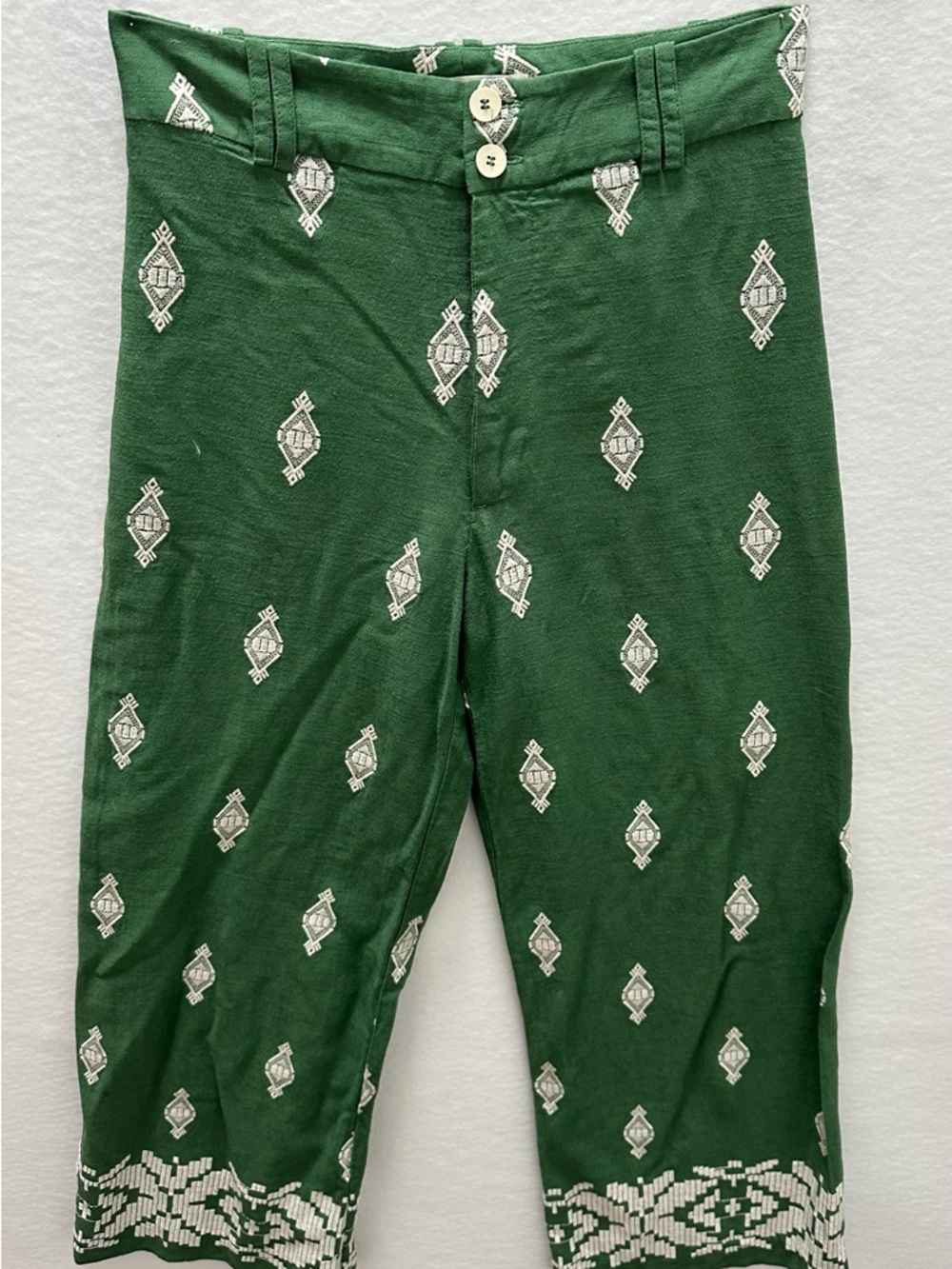 Zara Green Embroidered Linen Style Pants Size XS